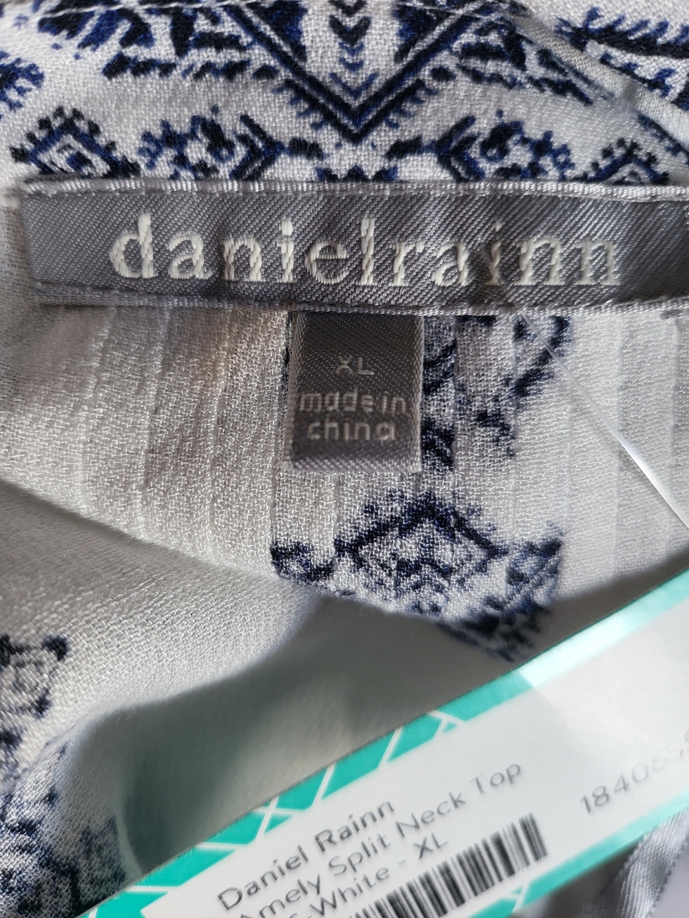NWT Daniel Rainn Amely Split Neck Top White Blue Boho Tunic Blouse XL - Picture 7 of 8